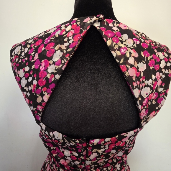 WHBM Floral Pink and Black Fit-and-Flare Ruffle Midi Dress Size 4 Cut-out Back. - Picture 5 of 13